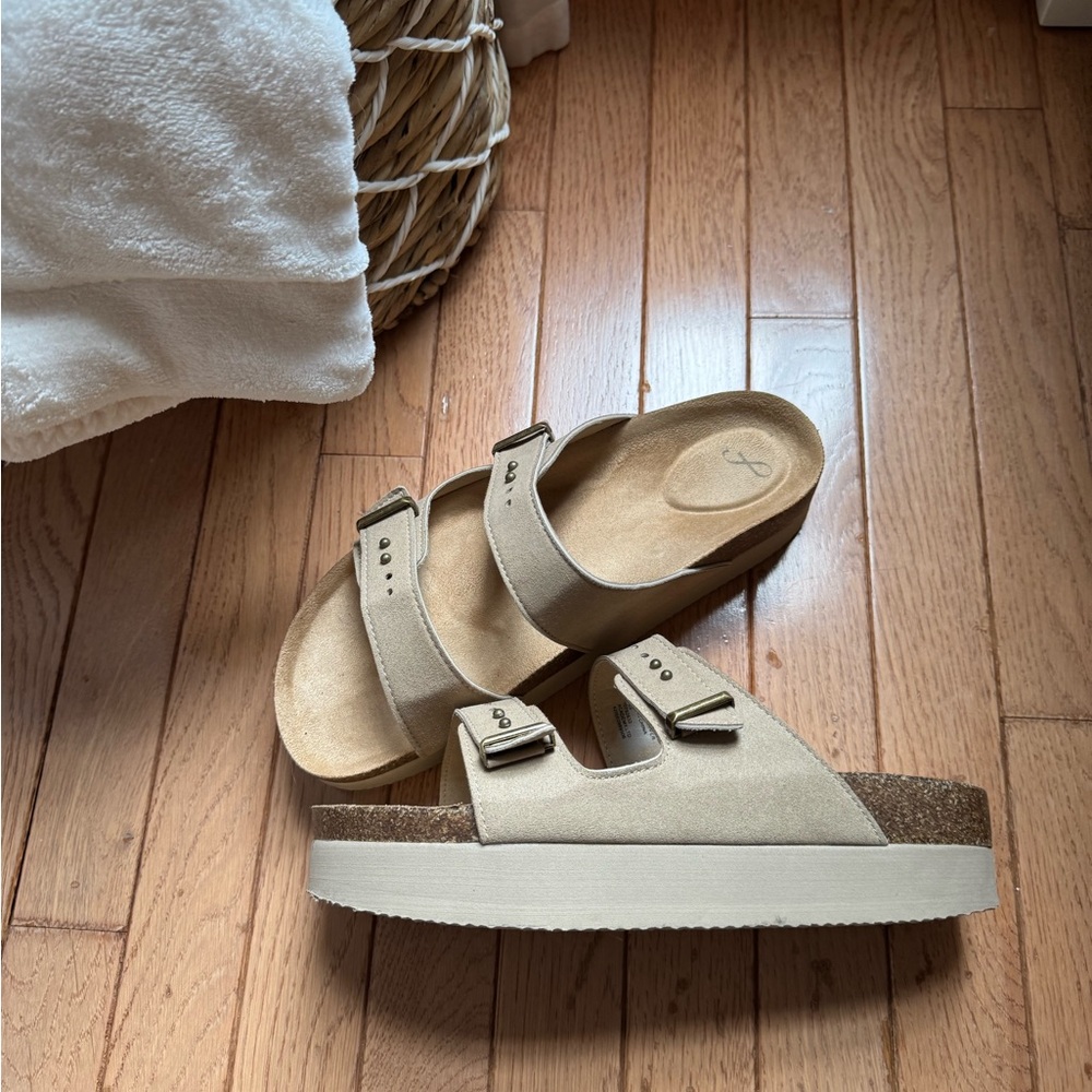 Beige Double Strap Platform Sandals